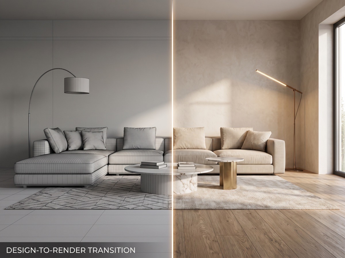 DA Elements 3D visualisation showing a living room as a wireframe model transitioning into a photorealistic render.