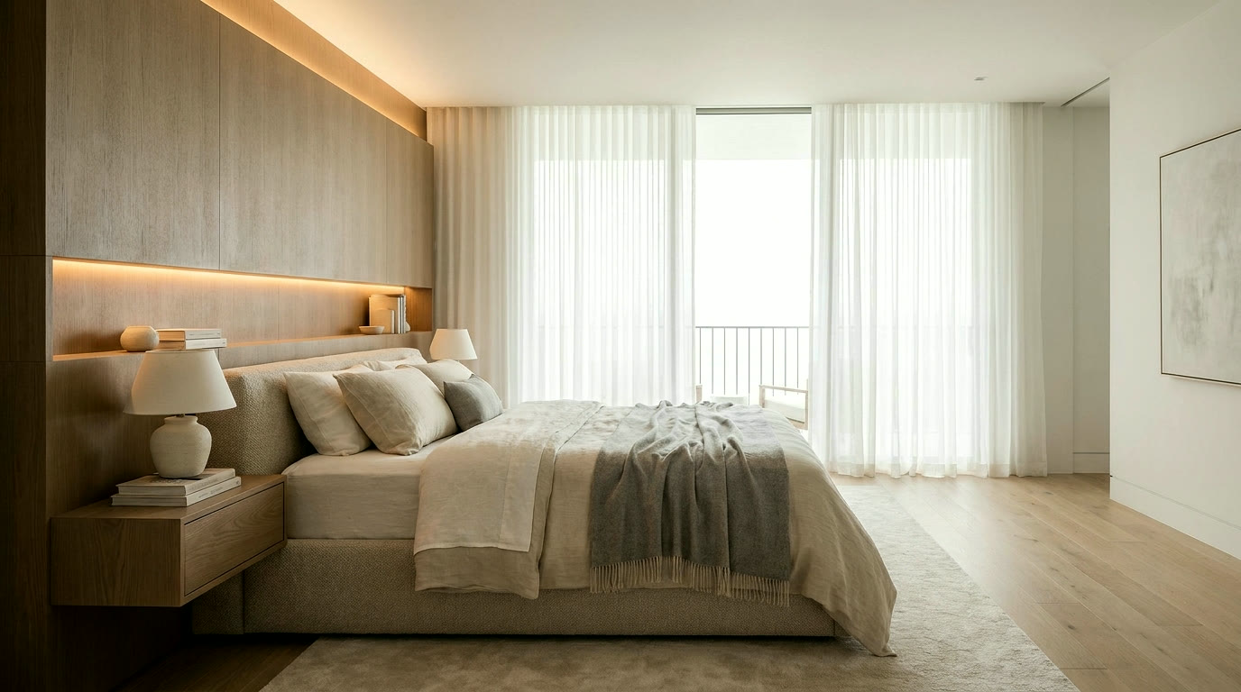 Revamped bedroom with a fluted, cove-lit headboard wall by DA Elements.
